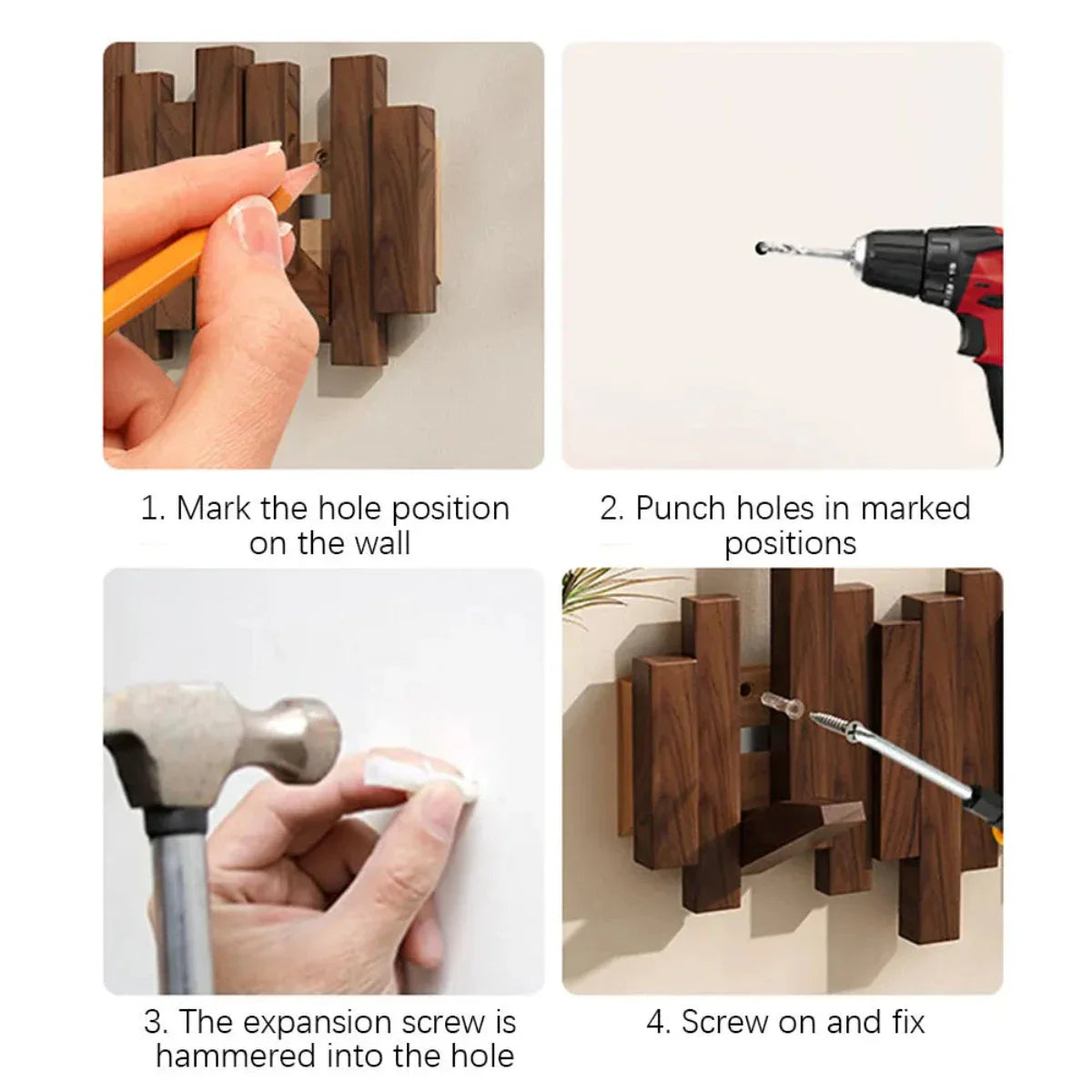 Wall Mounted Wooden Coat Rack with Foldable Hooks in Walnut or Beech