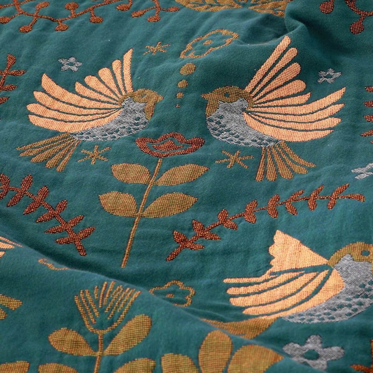 Reversible Nordic Bird Throw Blanket with Floral and Star Pattern