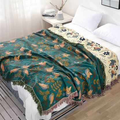 Reversible Nordic Bird Throw Blanket with Floral and Star Pattern