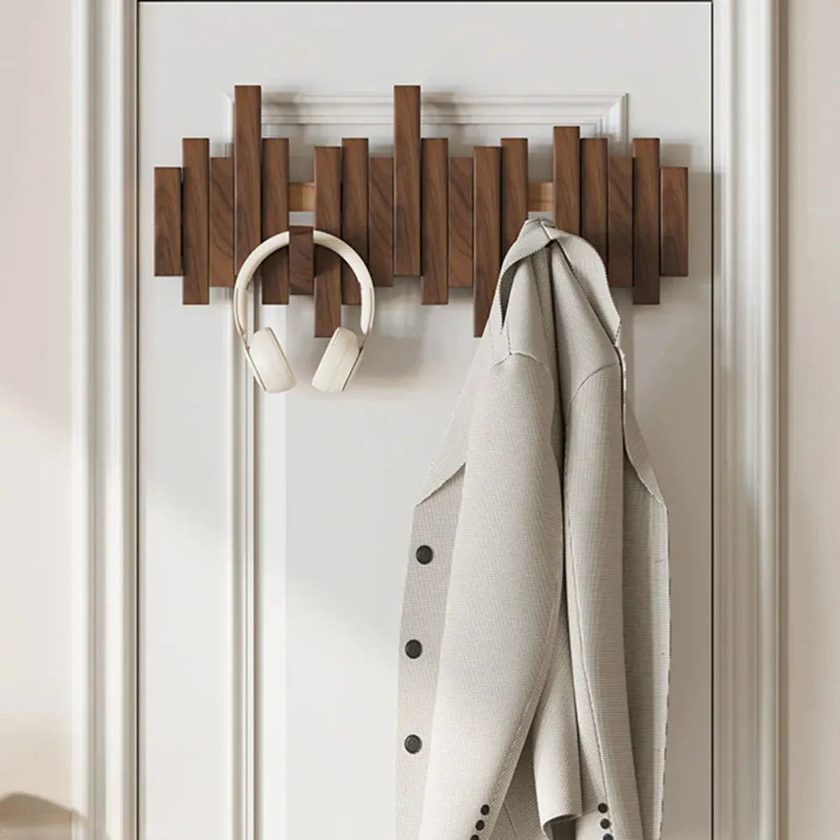 Wall Mounted Wooden Coat Rack with Foldable Hooks in Walnut or Beech