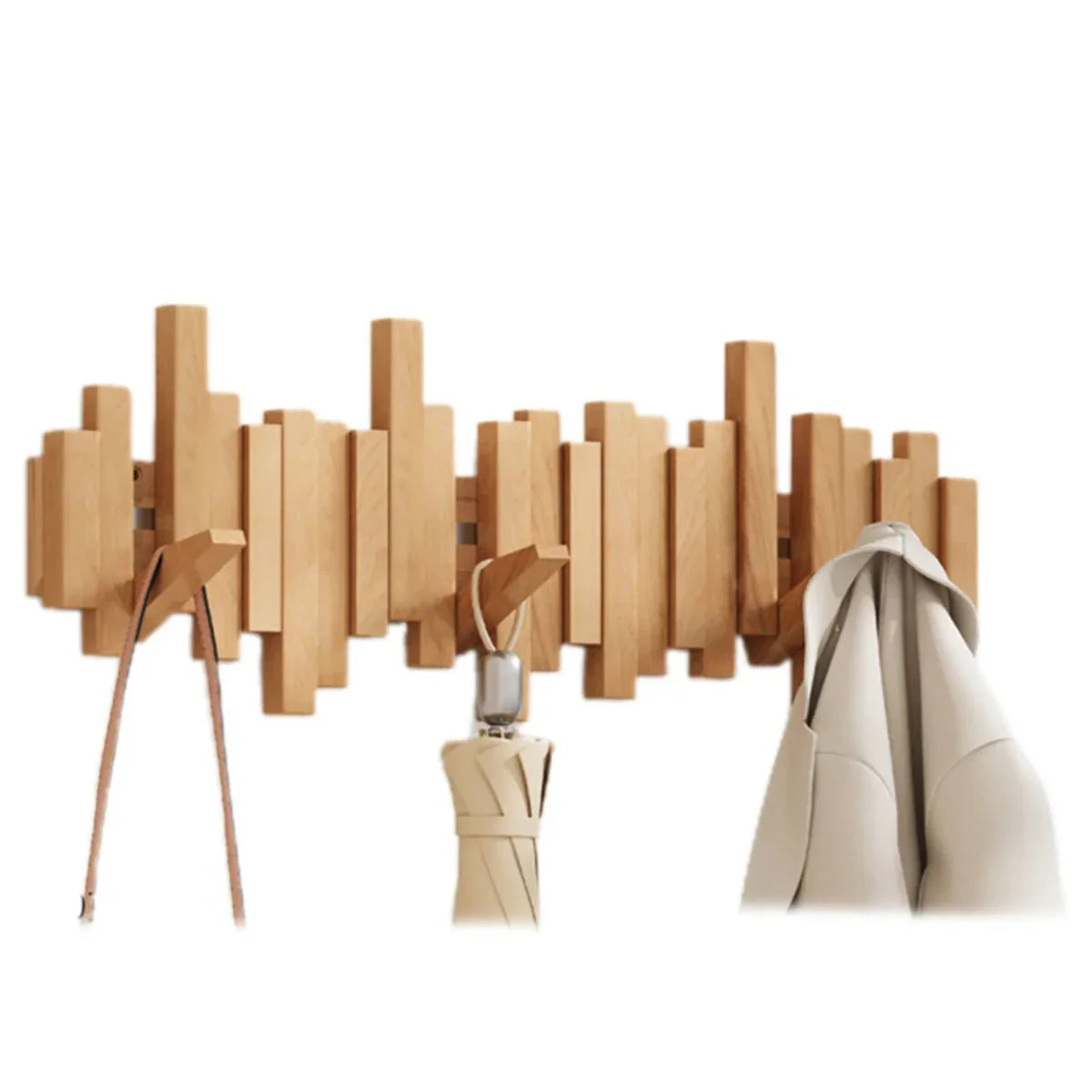 Wall Mounted Wooden Coat Rack with Foldable Hooks in Walnut or Beech