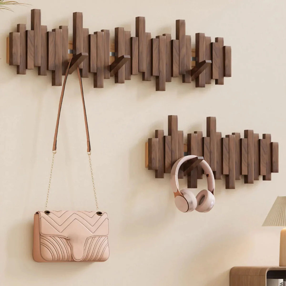 Wall Mounted Wooden Coat Rack with Foldable Hooks in Walnut or Beech