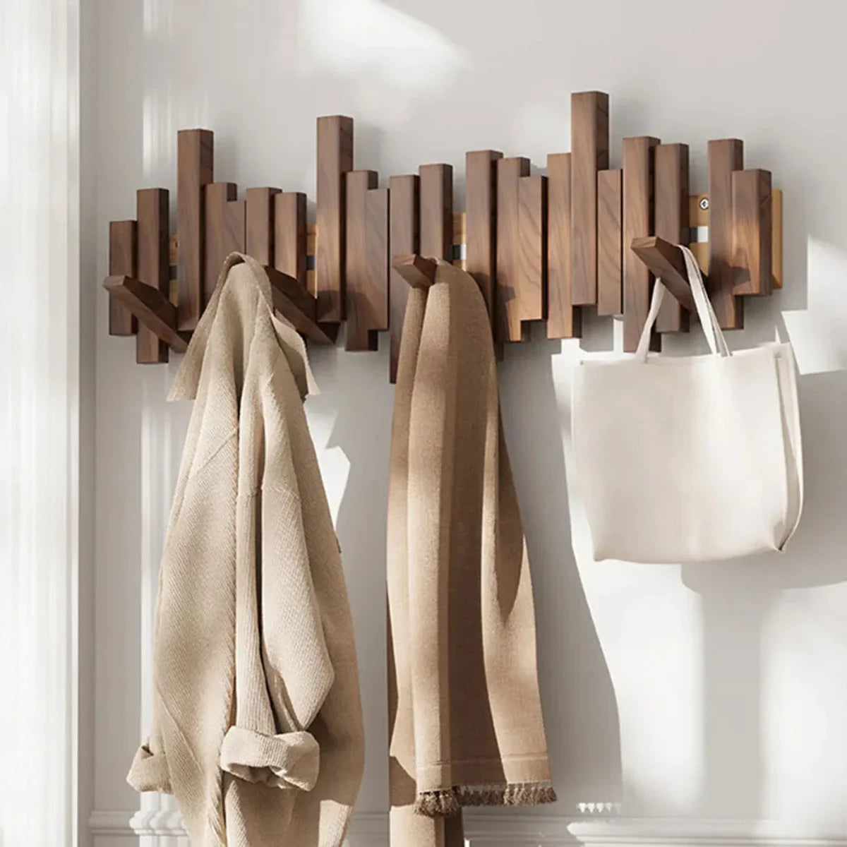 Wall Mounted Wooden Coat Rack with Foldable Hooks in Walnut or Beech