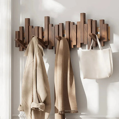 Wall Mounted Wooden Coat Rack with Foldable Hooks in Walnut or Beech