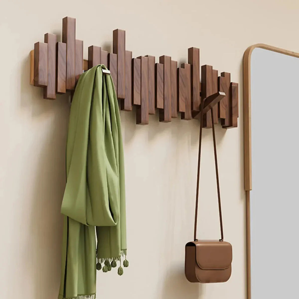 Wall Mounted Wooden Coat Rack with Foldable Hooks in Walnut or Beech